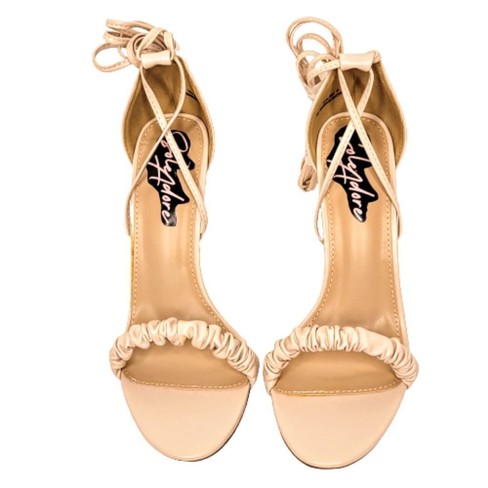 NIB Mixxshuz SoleAdore Women's Size 9 Nude Ankle Wrap Sandal Heels